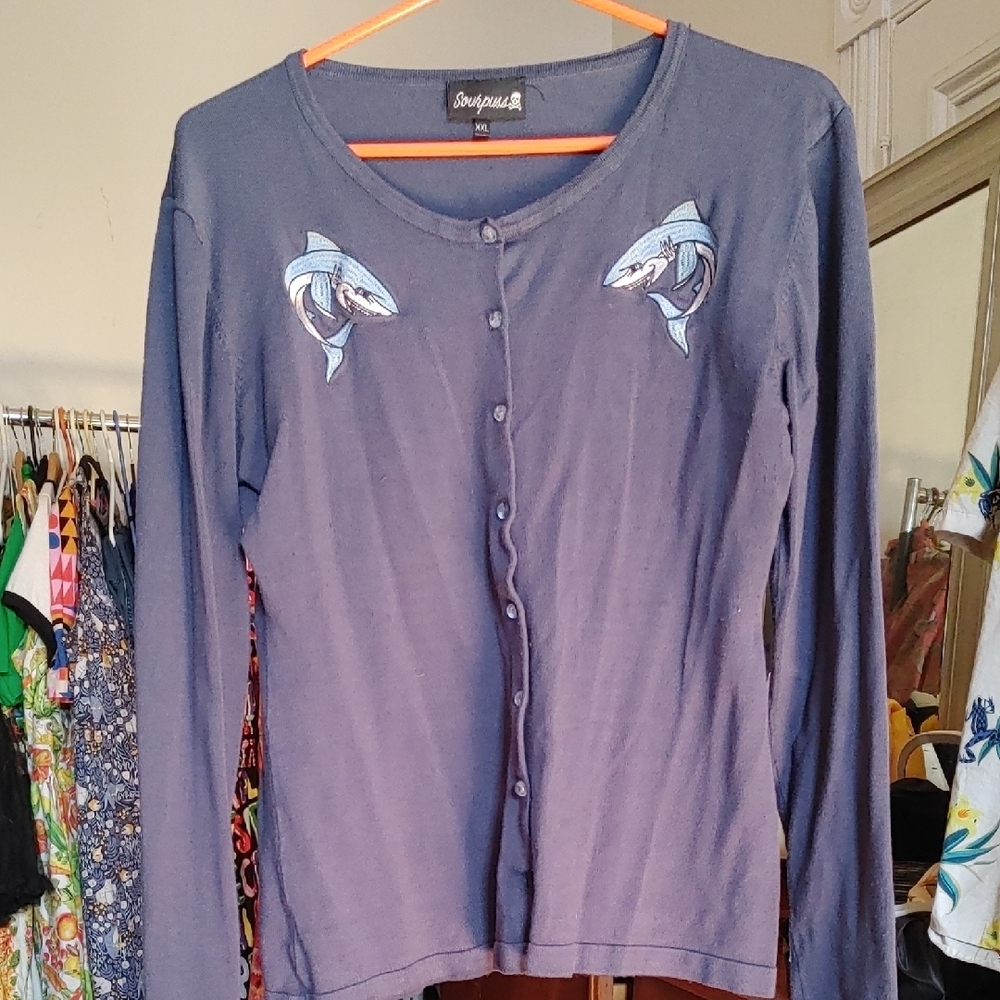 Sourpuss Blue Cardigan with Tropical Motifs
